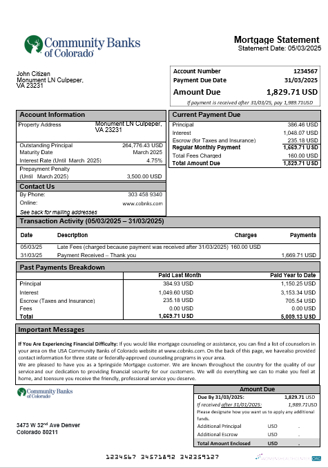 Download USA Community Banks of Colorado bank mortgage statement in Word and PDF formats Photoshop template
